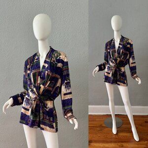 Vintage 90s Graphic Rayon Front Tie Plunging Jacket Top Blouse L